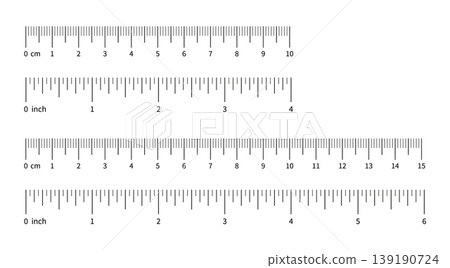 Ruler scale, measuring chart with 4 inches and 10 centimeters, 6 inches and 15 centimeters. Length measurement distance, height, math. Template of sewing tool with 4inch and 6inch and 10cm and 15cm. 139190724