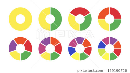 Multicoloured diagrams infographic. Circle section graph. Pie, pizza chart layout. Multicolored donut charts, pies segmented on from 1 to 8 equal parts. Wheels divided in sections. Loading bar mockup. 139190726