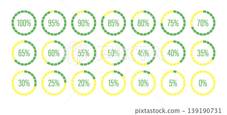 Green yellow progress bars set. Circle diagrams icons for infographics from 0 to 100 percents. Template of green and yellow color fill pie charts indicator. Round graph loading progress collection. Ro Green yellow progress bars set. Circle diagrams icons for infographics from 0 to 100 percents. Template of green and yellow color fill pie charts indicator. Round graph loading progress collection. Ro 139190731