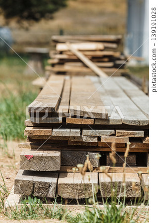 Stack of wooden piles plank boards Stack of wooden piles plank boards 139191028