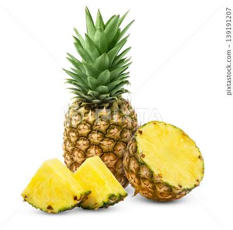 Fresh pineapples and pineapple ripe slices isolated on white. Juicy pineapple and cut in a slice of pineapple, clipping path. 139191207