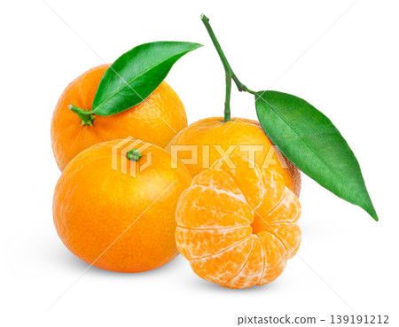 Clementine or tangerine and green leaf with peeled slice isolated. Juicy mandarines with leaves. Clementine or tangerine and green leaf with peeled slice isolated. Juicy mandarines with leaves. 139191212
