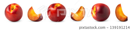 Whole red nectarine peaches and cut in slice of nectarine isol set. Whole red nectarine peaches and cut in slice of nectarine isol set. 139191214
