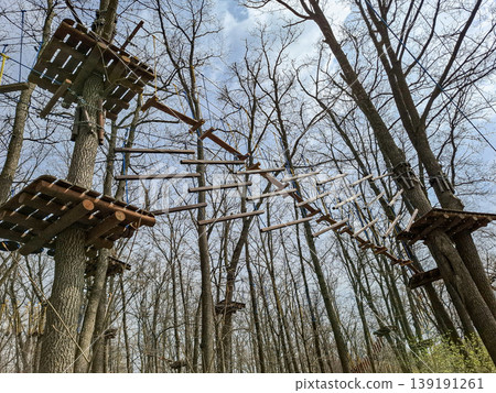 Visitors can explore the rope park with various wooden platforms and balance bridges high in the trees. The park is surrounded by tall trees and a blue sky. Visitors can explore the rope park with various wooden platforms and balance bridges high in the trees. The park is surrounded by tall trees and a blue sky. 139191261