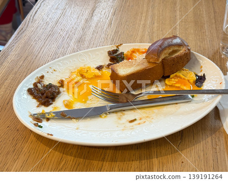 Half eaten breakfast plate with bread, eggs, sauce, and cutlery on wooden table. Meal remains, dining aftermath, consumption process, food waste, and everyday eating behavior. Half eaten breakfast plate with bread, eggs, sauce, and cutlery on wooden table. Meal remains, dining aftermath, consumption process, food waste, and everyday eating behavior. 139191264