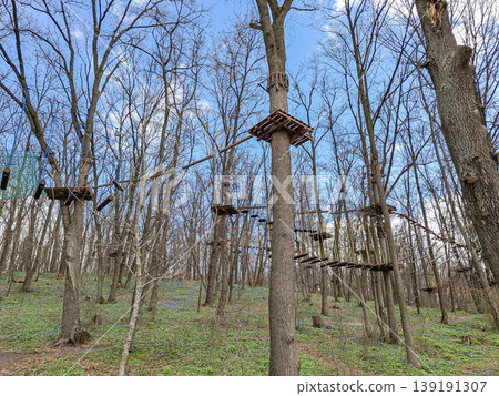 Outdoor rope climbing course high among trees in a spring forest park shows wooden platforms and climbing lines. Visitors can explore the course for adventure and fun. Outdoor rope climbing course high among trees in a spring forest park shows wooden platforms and climbing lines. Visitors can explore the course for adventure and fun. 139191307