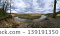 A wide view shows a winding river shaped like a horseshoe from a high cliff. The river flows through green fields under a cloudy sky in early spring. 139191350