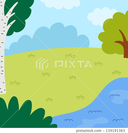 Cartoon forest background. Empty nature woodland landscape with trees, plants, stream, birch, grass. Wild thicket square scene for picture or story book creation Cartoon forest background. Empty nature woodland landscape with trees, plants, stream, birch, grass. Wild thicket square scene for picture or story book creation 139191363