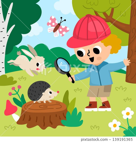 Square cartoon forest explorer background with cute kid. Nature woodland landscape with boy watching with looking glass at hedgehog on tree stump. Wildlife scene with cute child Square cartoon forest explorer background with cute kid. Nature woodland landscape with boy watching with looking glass at hedgehog on tree stump. Wildlife scene with cute child 139191365
