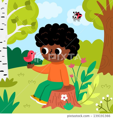Square cartoon forest explorer background with cute kid. Nature woodland landscape with boy sitting on tree stump, holding bird on palm hand. Wildlife scene with cute child, birch, ladybug Square cartoon forest explorer background with cute kid. Nature woodland landscape with boy sitting on tree stump, holding bird on palm hand. Wildlife scene with cute child, birch, ladybug 139191366