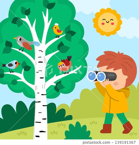 Square cartoon forest explorer background with cute birdwatching kid. Nature woodland landscape with boy watching birds sitting on birch tree. Wildlife scene with cute child, cuckoo, finch, robin 139191367