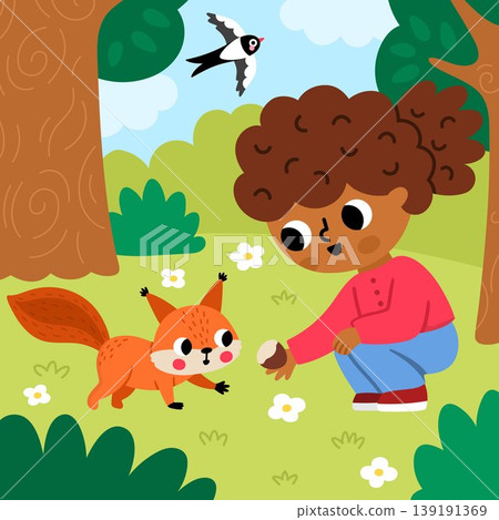 Square cartoon forest explorer background with cute kid. Nature woodland landscape with girl feeding squirrel with nut or chestnut. Wildlife scene with cute child, animal, trees, flying swallow 139191369