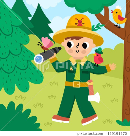 Square cartoon forest explorer background with cute forest ranger for kids. Nature woodland landscape with guard in green costume with bird, butterfly, spyglass. Wildlife scene with cute man Square cartoon forest explorer background with cute forest ranger for kids. Nature woodland landscape with guard in green costume with bird, butterfly, spyglass. Wildlife scene with cute man 139191370