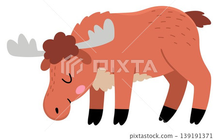 Vector cartoon elk isolated on white background. Funny moose clipart. Cute forest animal icon for kids. Flat woodland element. Woods wildlife illustration Vector cartoon elk isolated on white background. Funny moose clipart. Cute forest animal icon for kids. Flat woodland element. Woods wildlife illustration 139191371