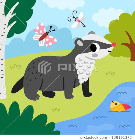 Square cartoon scene with badger, birch tree, butterfly. Forest background with cute cartoon animal. Nature woodland story book landscape with stream and fish for kids. Funny wildlife scenery Square cartoon scene with badger, birch tree, butterfly. Forest background with cute cartoon animal. Nature woodland story book landscape with stream and fish for kids. Funny wildlife scenery 139191373