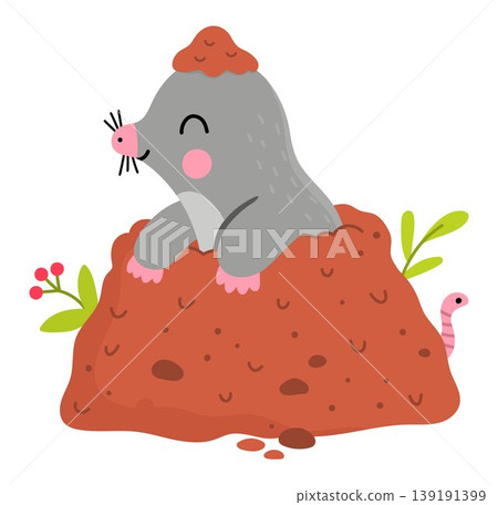 Vector cartoon mole popping out the pile of ground with worm clipart isolated on white background. Cute forest animal icon for kids. Flat woodland element. Woods wildlife illustration Vector cartoon mole popping out the pile of ground with worm clipart isolated on white background. Cute forest animal icon for kids. Flat woodland element. Woods wildlife illustration 139191399