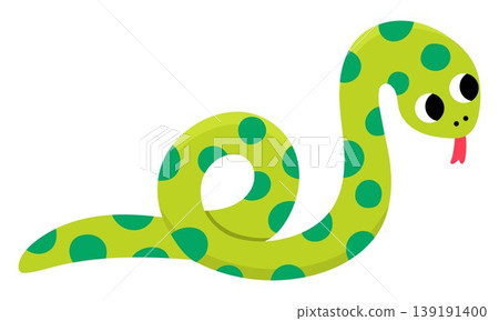 Vector cartoon green snake isolated on white background. Funny serpent clipart. Cute forest animal icon for kids. Flat woodland element. Woods wildlife illustration Vector cartoon green snake isolated on white background. Funny serpent clipart. Cute forest animal icon for kids. Flat woodland element. Woods wildlife illustration 139191400