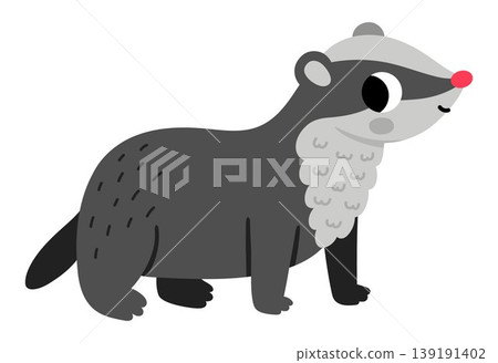Vector cartoon badger isolated on white background. Funny animalistic clipart. Cute forest animal icon for kids. Flat woodland element. Woods wildlife illustration Vector cartoon badger isolated on white background. Funny animalistic clipart. Cute forest animal icon for kids. Flat woodland element. Woods wildlife illustration 139191402