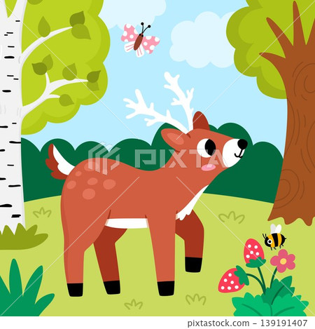 Square cartoon scene with brown deer, birch tree, butterfly. Forest background with cute cartoon animal. Nature woodland story book landscape with reindeer for kids. Funny wildlife scenery Square cartoon scene with brown deer, birch tree, butterfly. Forest background with cute cartoon animal. Nature woodland story book landscape with reindeer for kids. Funny wildlife scenery 139191407