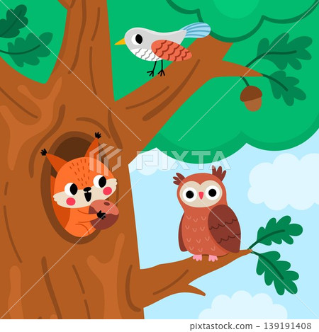 Square cartoon scene with squirrel in tree hollow, owl, cuckoo, big acorn tree. Forest background with cute cartoon animal. Nature woodland story book landscape for kids. Funny wildlife scenery 139191408