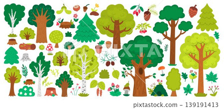 Big vector forest trees and plants set. Cartoon woodland flora collection. Natural parkland scene constructor with birch, pine, fir tree, acorn, mushrooms, cones. Environment care concept Big vector forest trees and plants set. Cartoon woodland flora collection. Natural parkland scene constructor with birch, pine, fir tree, acorn, mushrooms, cones. Environment care concept 139191413