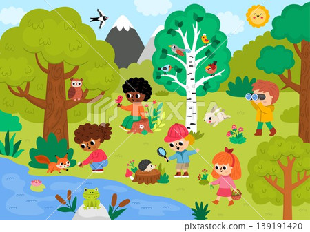 Horizontal cartoon forest background with cute kids exploring woods. Nature woodland landscape with trees, plants, birds, animals. Wildlife scene with children feeding squirrel, birdwatching, walking Horizontal cartoon forest background with cute kids exploring woods. Nature woodland landscape with trees, plants, birds, animals. Wildlife scene with children feeding squirrel, birdwatching, walking 139191420