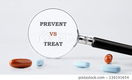 A magnifying glass highlights the words prevent versus treat. Blue and orange medicine pills are arranged on a simple white surface A magnifying glass highlights the words prevent versus treat. Blue and orange medicine pills are arranged on a simple white surface 139191654