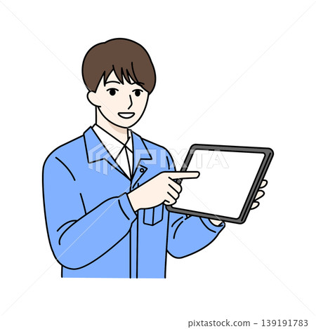 A male worker points to the tablet screen. 139191783