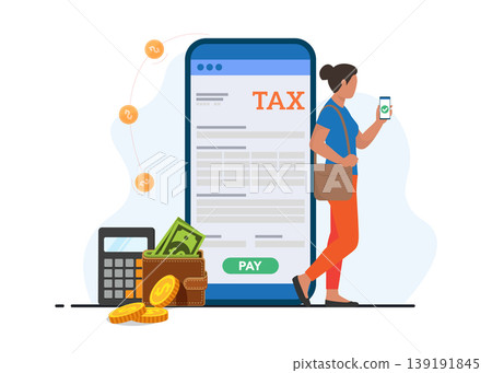 Woman Paying Taxes Online via Smartphone App Vector Stock Illustration. 139191845