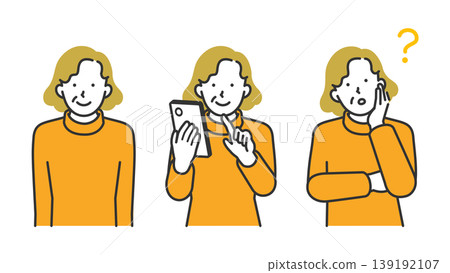A set of facial expressions of a senior woman using a smartphone: smiling, worried, and line-drawn illustrations. A set of facial expressions of a senior woman using a smartphone: smiling, worried, and line-drawn illustrations. 139192107