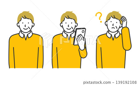 A set of facial expressions of a senior man using a smartphone: smiling, worried, and line-drawn illustrations. A set of facial expressions of a senior man using a smartphone: smiling, worried, and line-drawn illustrations. 139192108