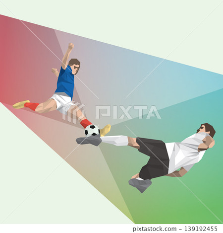 Polygon football players action with gradient pastel colors square background have blank space. Polygon football players action with gradient pastel colors square background have blank space. 139192455