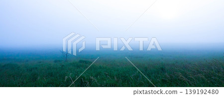 A fantastical summer scene of the Notsuke Peninsula in Hokkaido, where sea fog covers the entire area. A fantastical summer scene of the Notsuke Peninsula in Hokkaido, where sea fog covers the entire area. 139192480