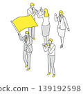 Isometric line drawing illustration of a business team celebrating with a flag raised. 139192598