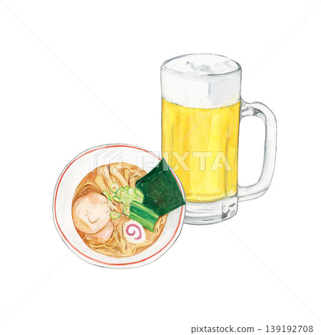 一幅手繪水彩插圖,描繪了一杯啤酒和一碗簡單的醬油拉麵重疊在一起,代表了日本飲食文化。 一幅手繪水彩插圖,描繪了一杯啤酒和一碗簡單的醬油拉麵重疊在一起,代表了日本飲食文化。 139192708