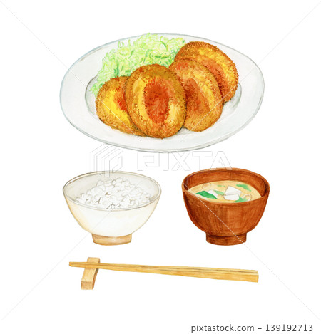Hand-painted watercolor illustration of a croquette set meal with chopsticks (rice, miso soup, and chopstick rest included - 4 pieces) 139192713