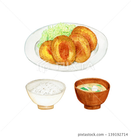 手繪水彩插圖，描繪了炸丸子套餐（含米飯、味噌湯和4個炸丸子） 139192714