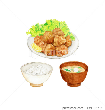 手繪水彩插圖,描繪的是炸雞套餐(日式料理,配米飯和味噌湯)。 手繪水彩插圖,描繪的是炸雞套餐(日式料理,配米飯和味噌湯)。 139192715