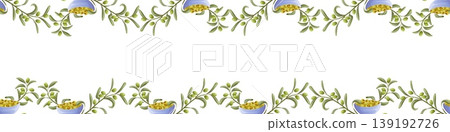 A seamless border made of olive branches with bowls A seamless border made of olive branches with bowls 139192726