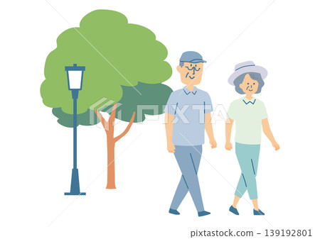 An illustration of a senior couple taking a walk in a park. An illustration of a senior couple taking a walk in a park. 139192801