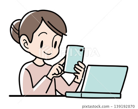 An illustration of the upper body of a woman smiling and using a smartphone in front of a laptop. 139192870