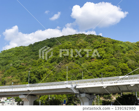 The scenery of Mount Satsukiyama and the elevated road covered in fresh greenery in spring. The scenery of Mount Satsukiyama and the elevated road covered in fresh greenery in spring. 139192980