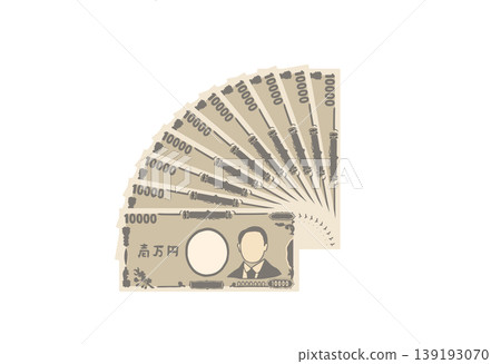 Japanese banknotes: Illustrations of 10,000 yen bills spread out in a fan shape. Japanese banknotes: Illustrations of 10,000 yen bills spread out in a fan shape. 139193070