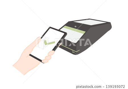圖示：一個人使用智慧型手機進行非接觸式支付；圖示：一個人的手拿著智慧型手機在非接觸式支付終端上方。 139193072