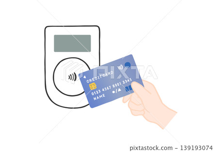 Illustration of a person making a contactless payment with a credit card; illustration of a person holding a card over a contactless payment terminal. 139193074
