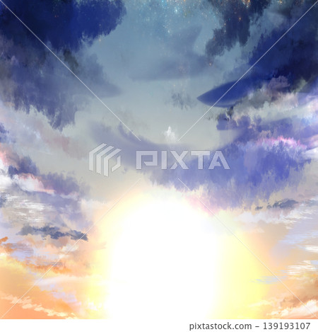 A fantastical starry sky and cloud background with spreading light; a square, dramatic gradient sky. A fantastical starry sky and cloud background with spreading light; a square, dramatic gradient sky. 139193107