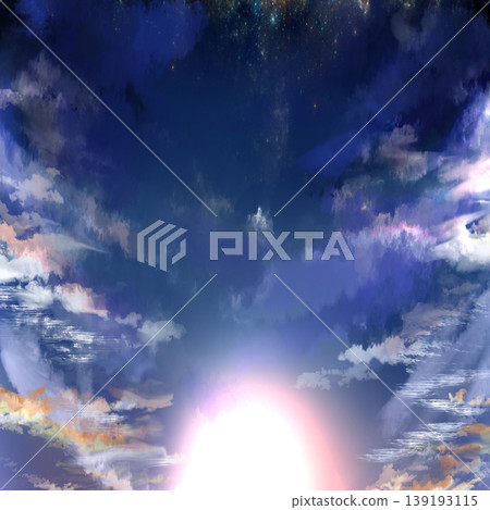 A fantastical starry sky and cloud background with spreading light; a square, dramatic gradient sky. A fantastical starry sky and cloud background with spreading light; a square, dramatic gradient sky. 139193115