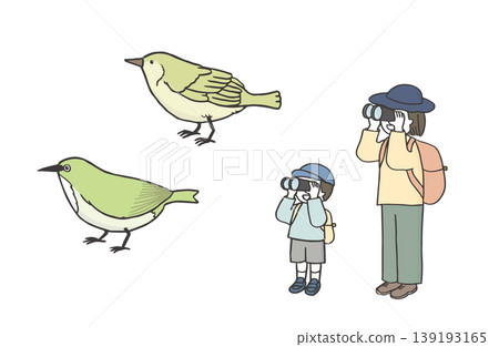 一組插圖，描繪了一位家長和孩子觀鳥/觀察日本繡眼鳥和日本樹鶯的場景。 139193165
