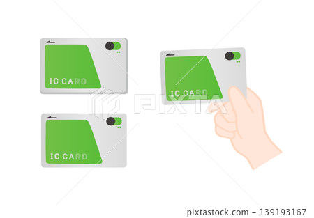 Illustration of a transportation IC card; illustration of a person holding a transportation IC card and holding it up to a reader. Illustration of a transportation IC card; illustration of a person holding a transportation IC card and holding it up to a reader. 139193167