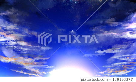 A fantastical background image featuring a starry sky and sunset. Dramatic clouds and a gradient sky with spreading light. Copy space available. A fantastical background image featuring a starry sky and sunset. Dramatic clouds and a gradient sky with spreading light. Copy space available. 139193377